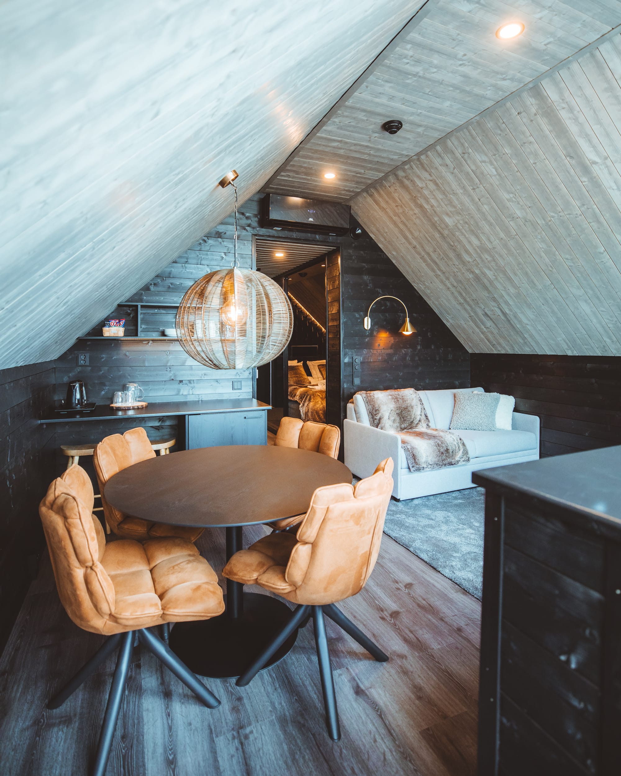 Wooden cabin interior at Apukka Resort, Lapland