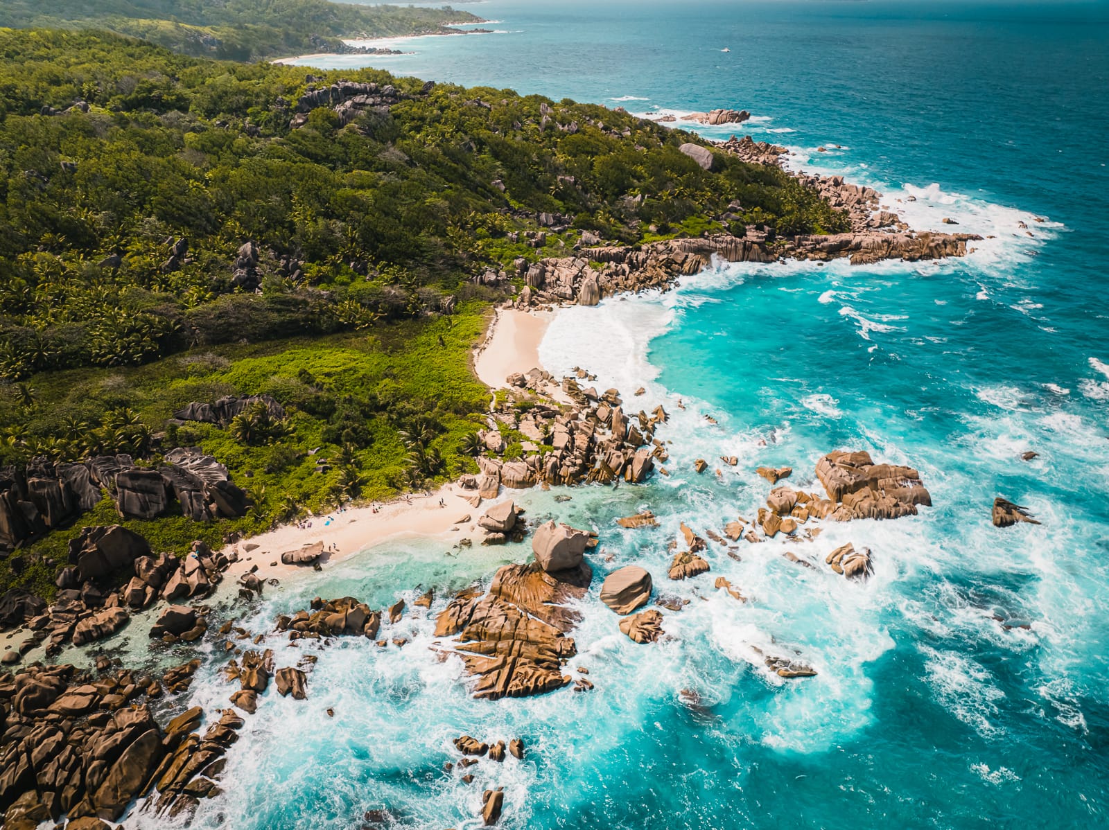 Aeiral drone view of Anse Marron rocky beach in La Digue, Seychelles