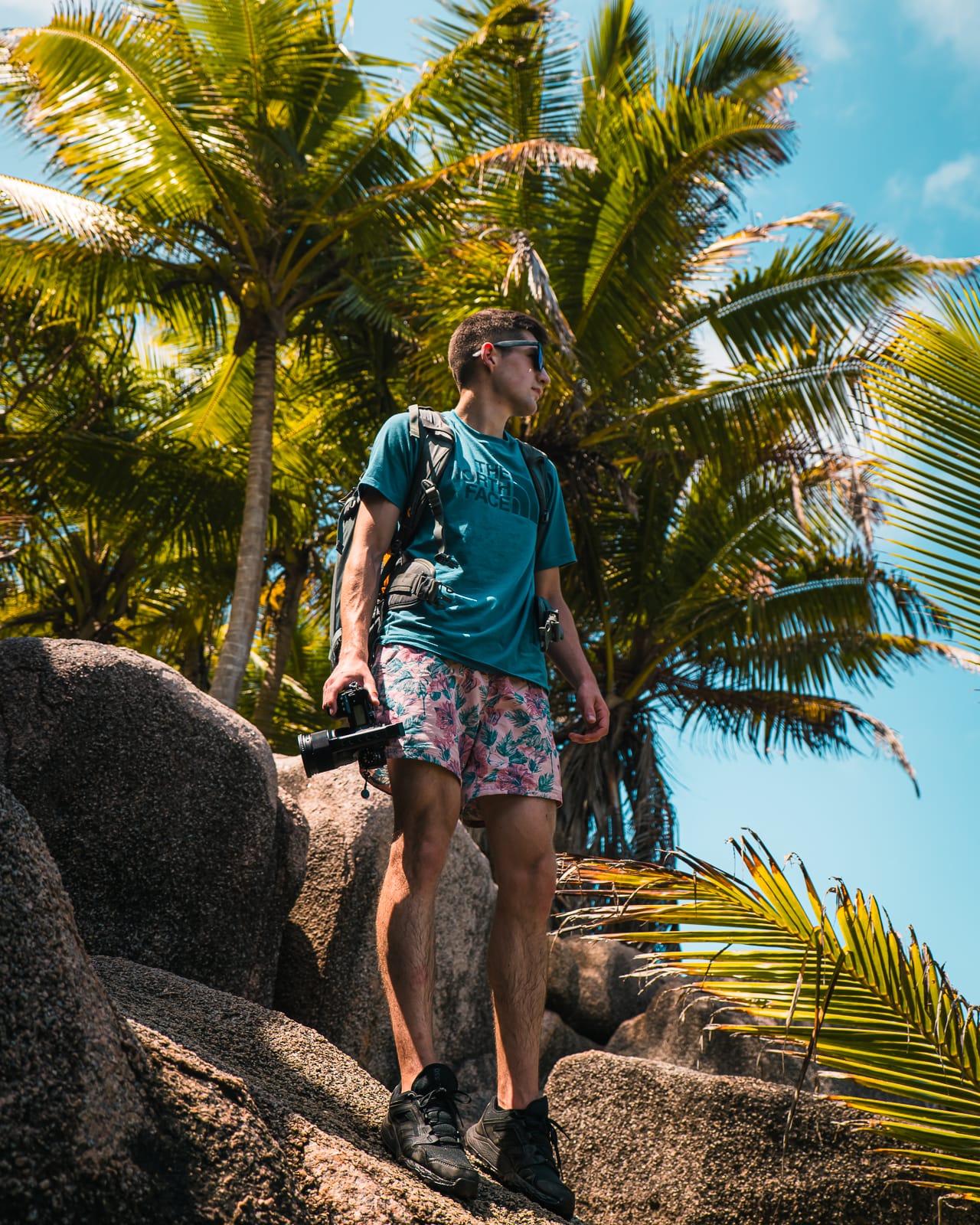 Man standing on rocks under palm trees in the Seychelles