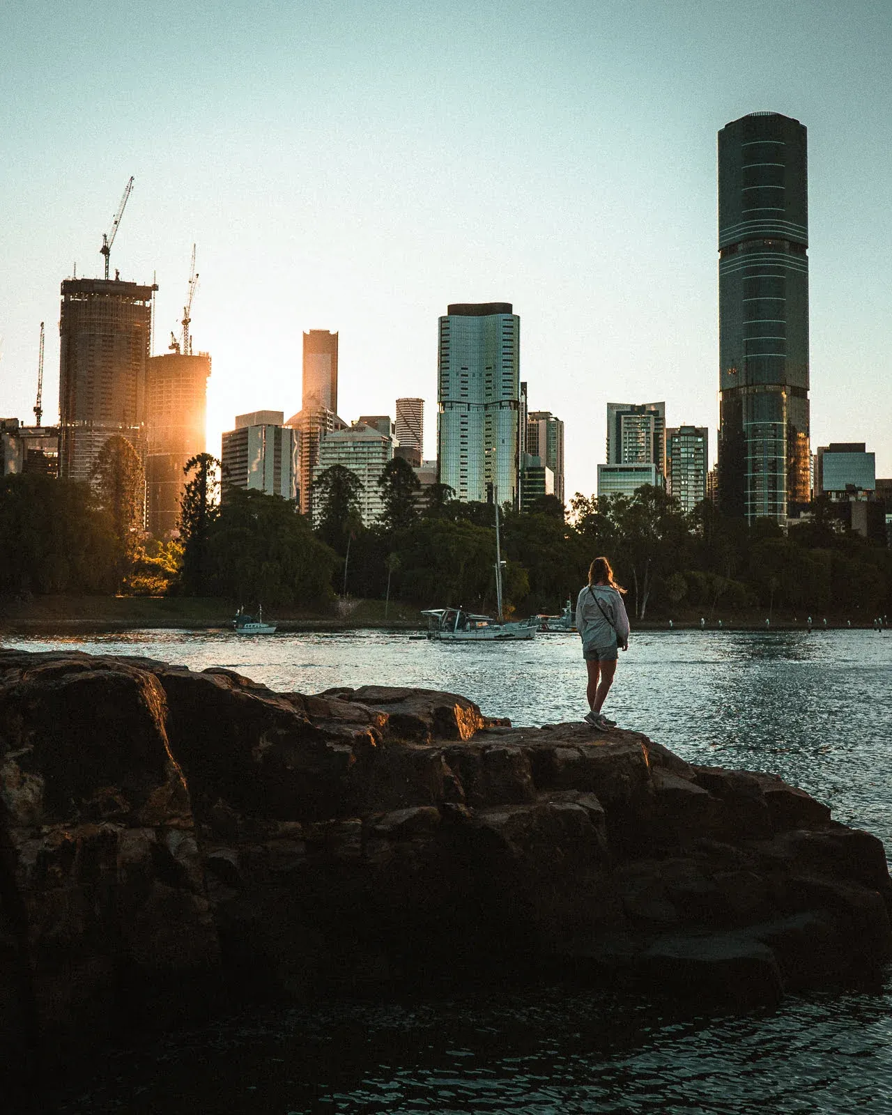 Brisbane skyline at sunset from Kangeroo Point