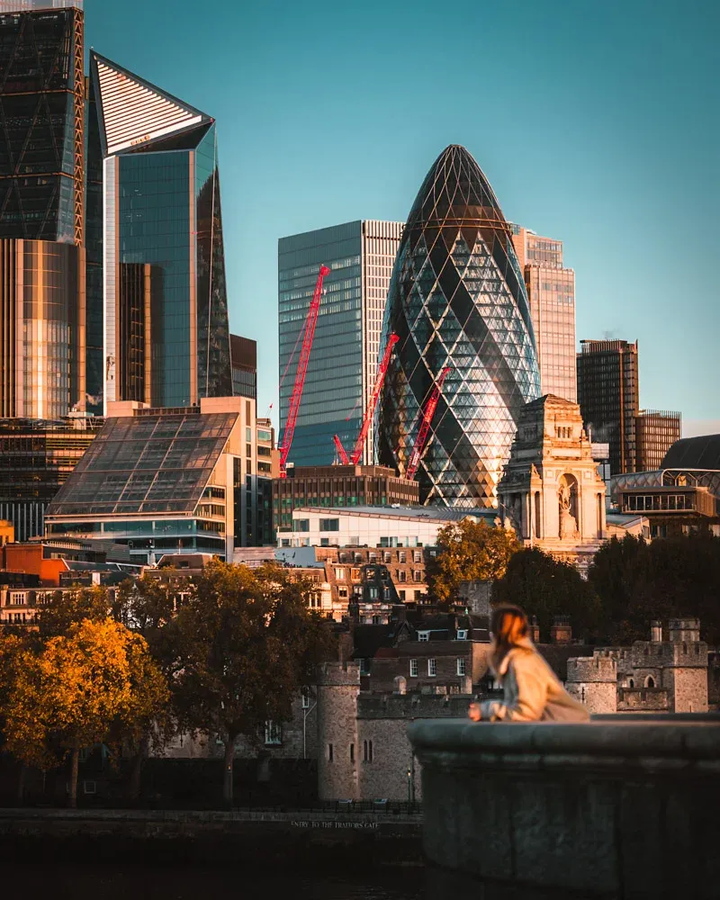 Close up of London skyline at golden hour from Tower Bridge