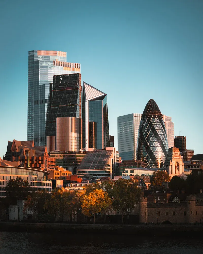 London skyline at golden hour from Tower Bridge