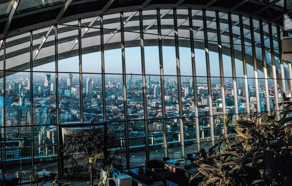 Panoramic view of London skyline from inside the Sky Garden