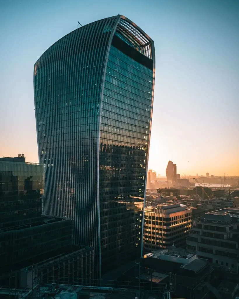 Walkie talkie building at sunset in London from The Garden at 120 rooftop