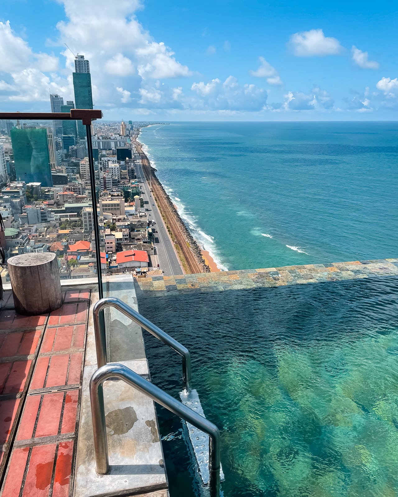 blue water in pool high above a city and ocean