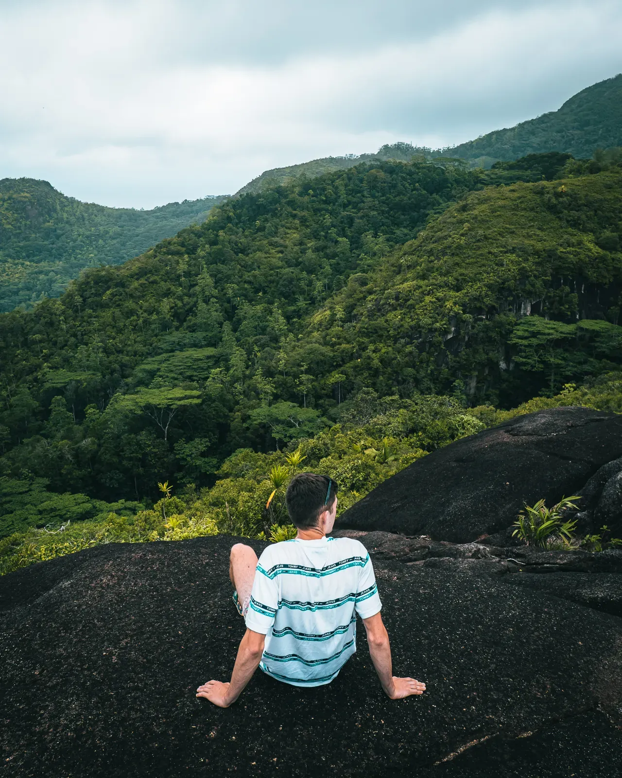 Man sitting on rocks with jungle view