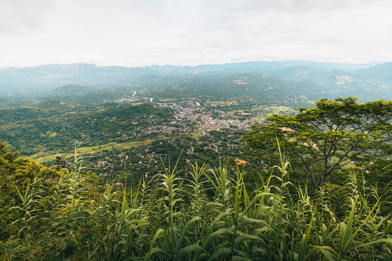 View of Kandy with a mountain backdrop from base of Ambuluwawa Tower, Sri Lanka 