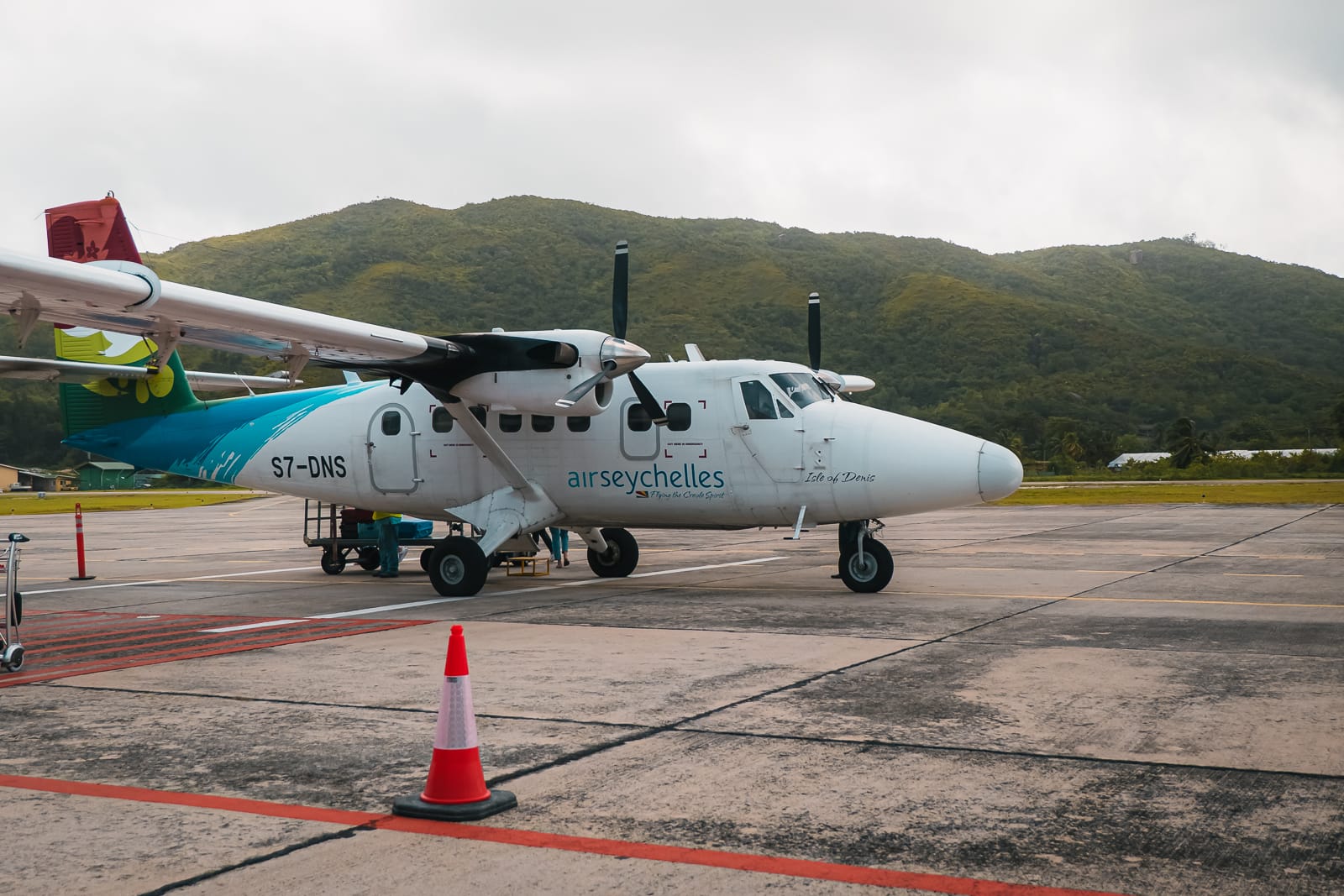 airseychelles plane with mountains in the background