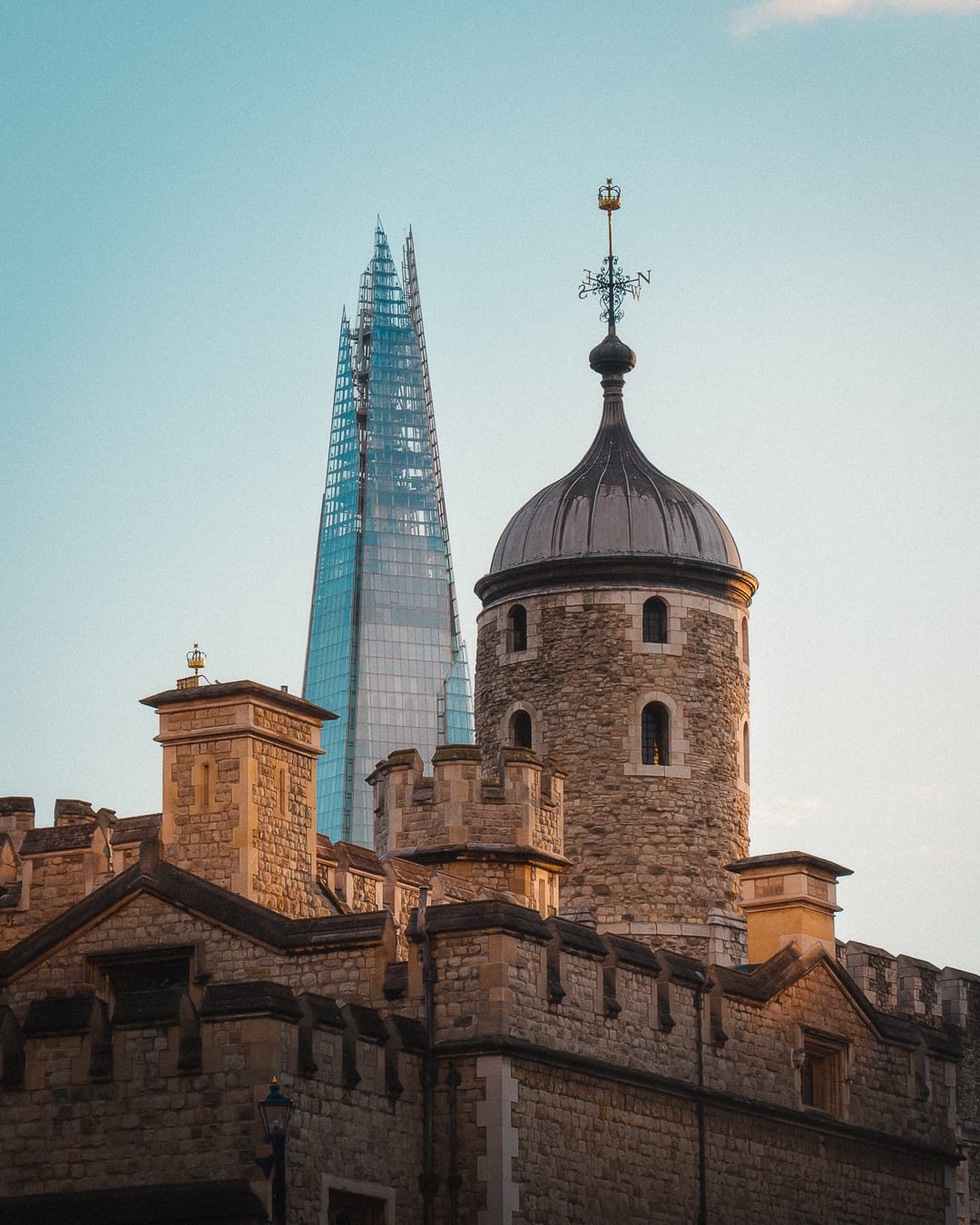 Close up of Tower of London walls with the Shard in the background