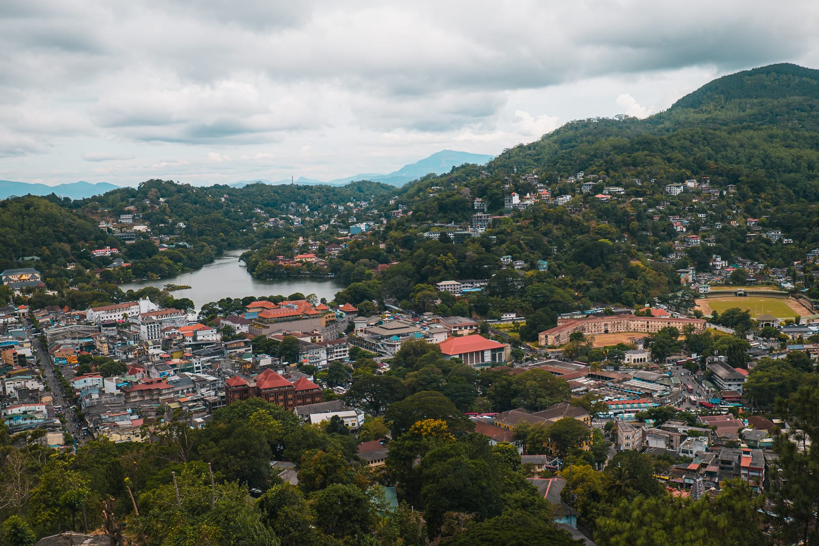 View of mountains, builings and lake in Kandy, Sri Lanka