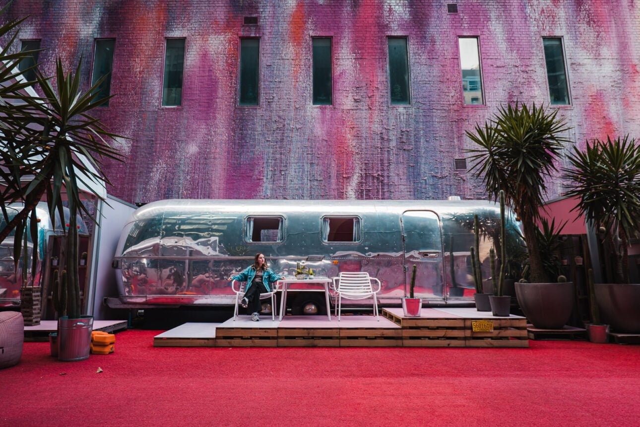 Pink Airstream trailer infront of a pink painted wall at Hotel NO, Melbourne