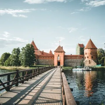 Wooden bridge leading to Trakai Castle in Lithuania